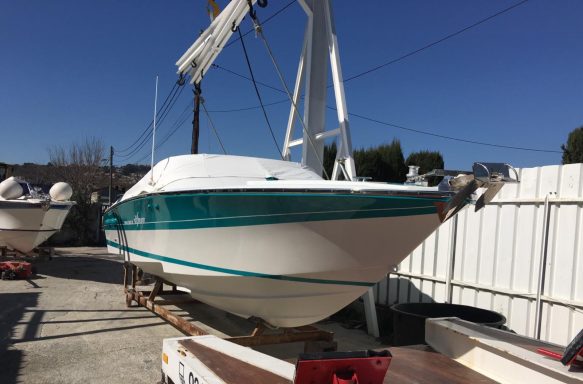 Een motorboot op een trailer, met een witte romp en groene accenten.